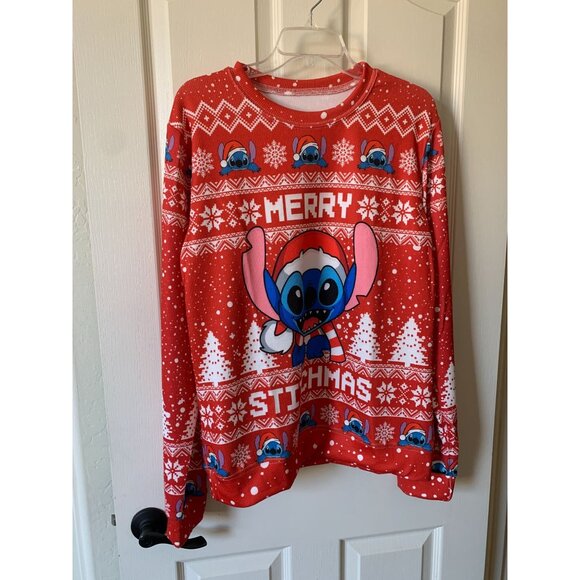 Disney Stitch Merry Stitchmas Red Holiday Sweater Crewneck Pullover L Christmas - Picture 1 of 2